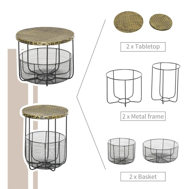 Kerti/terasz/erkély asztal, fém tárolókosárral, kerek, fekete és világosbarna, 2 méretben