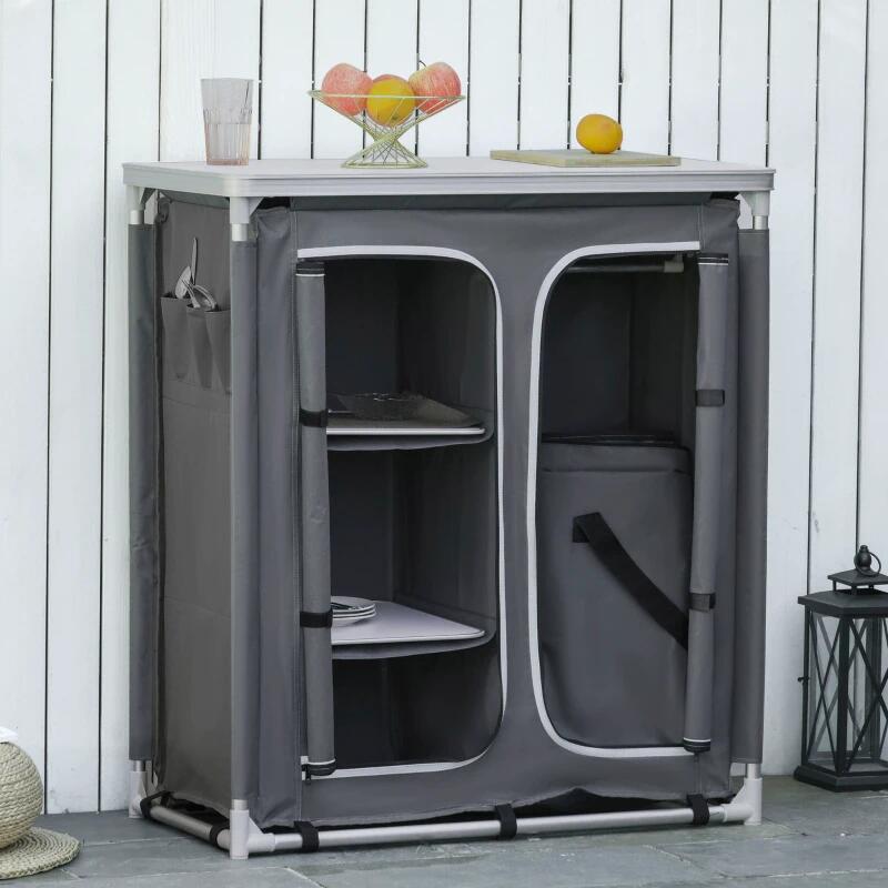 Mobilier camping, portabil, aluminiu, poliester, masa blat MDF, impermeabil, 3 rafturi, dulap, max 45 kg, 96x49.5x104 cm