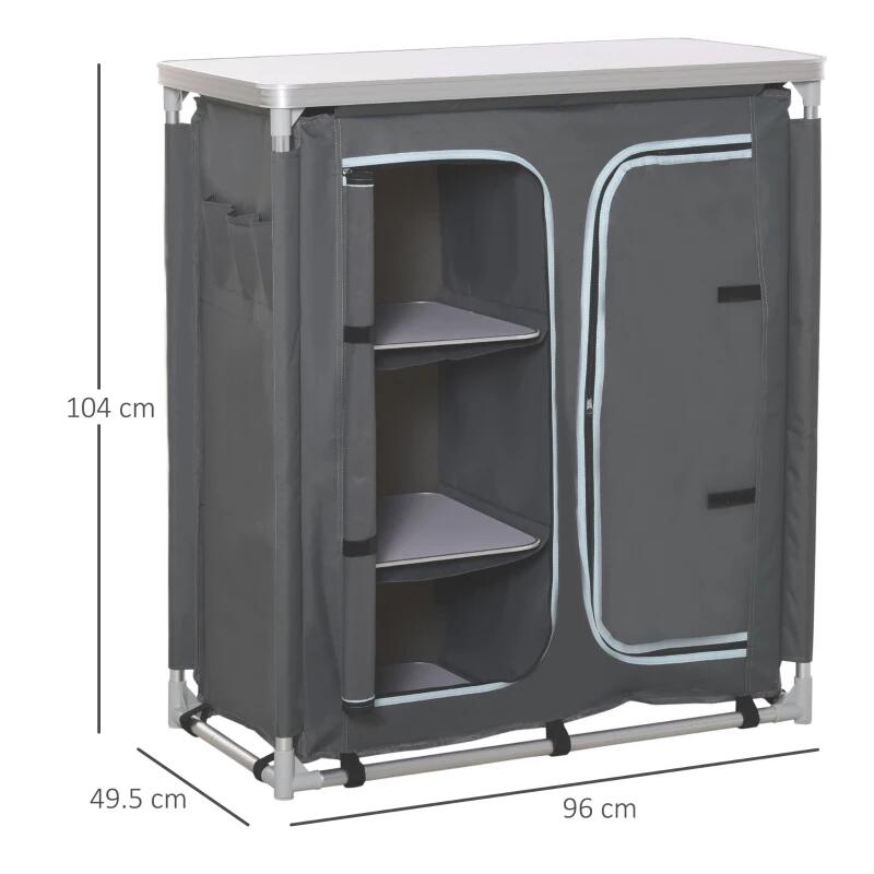 Mobilier camping, portabil, aluminiu, poliester, masa blat MDF, impermeabil, 3 rafturi, dulap, max 45 kg, 96x49.5x104 cm