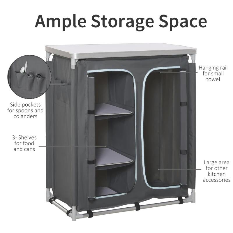 Mobilier camping, portabil, aluminiu, poliester, masa blat MDF, impermeabil, 3 rafturi, dulap, max 45 kg, 96x49.5x104 cm