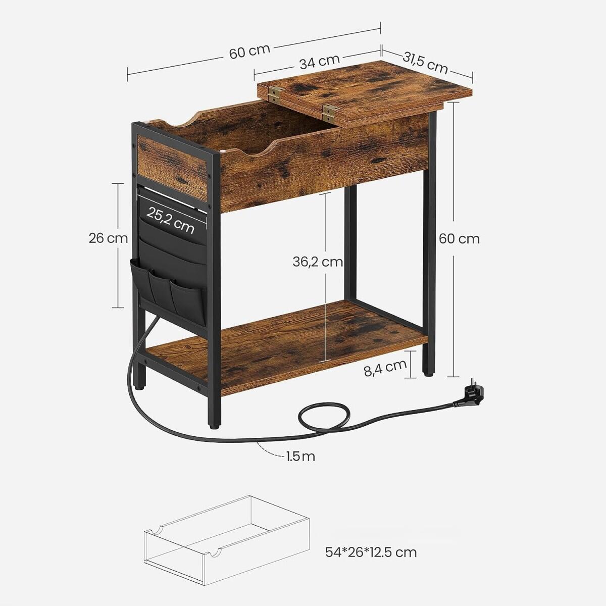 Éjjeliszekrény/kisasztal, palládium és acél, belső rekesszel, tárolórekeszekkel, csatlakozóval, USB-vel, rusztikus barna, 60x31,5x60 cm