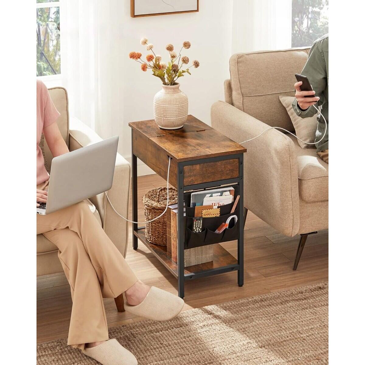 Éjjeliszekrény/kisasztal, palládium és acél, belső rekesszel, tárolórekeszekkel, csatlakozóval, USB-vel, rusztikus barna, 60x31,5x60 cm