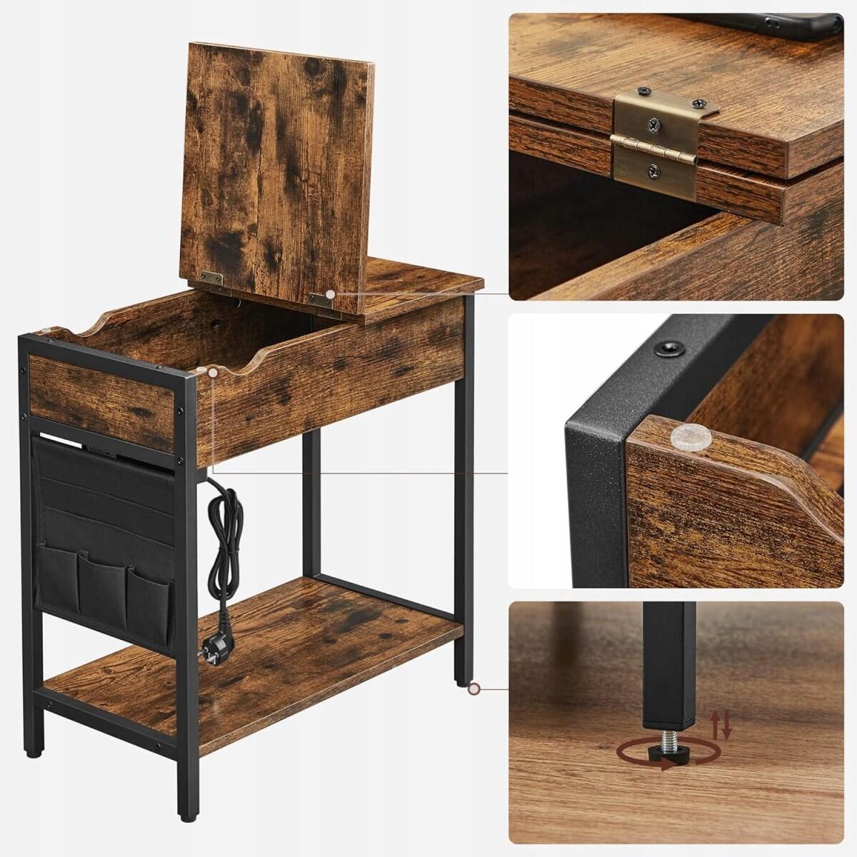 Éjjeliszekrény/kisasztal, palládium és acél, belső rekesszel, tárolórekeszekkel, csatlakozóval, USB-vel, rusztikus barna, 60x31,5x60 cm