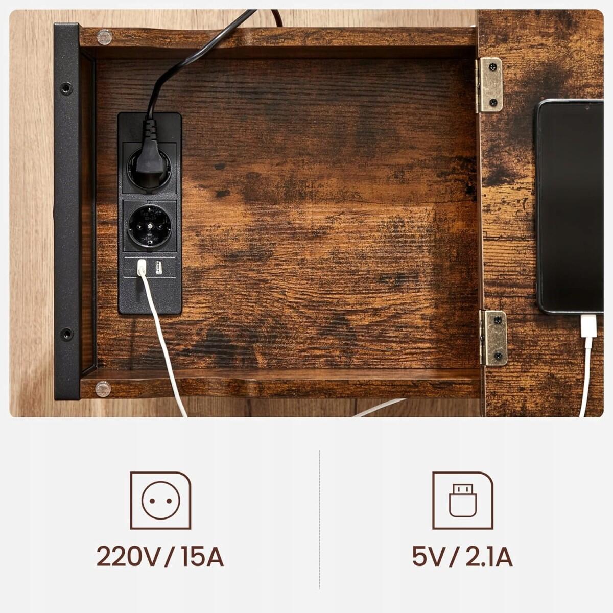 Éjjeliszekrény/kisasztal, palládium és acél, belső rekesszel, tárolórekeszekkel, csatlakozóval, USB-vel, rusztikus barna, 60x31,5x60 cm