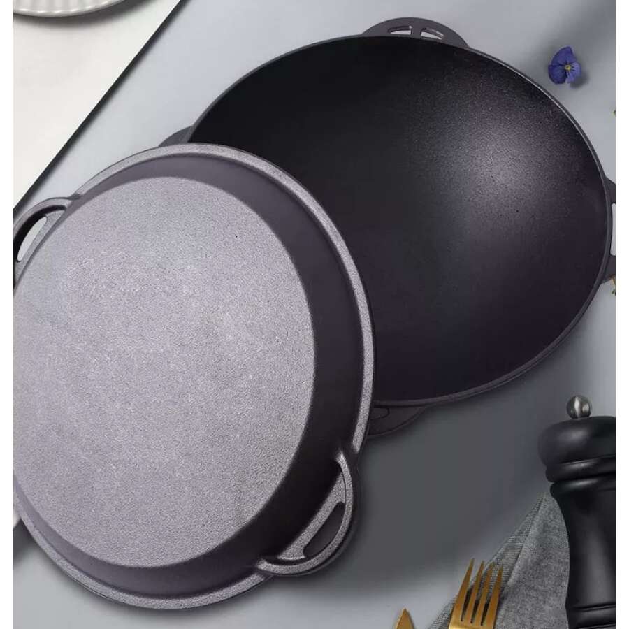 Öntöttvas wok edény, fedővel, 3 az 1-ben, 32x14 cm, Perfect Home