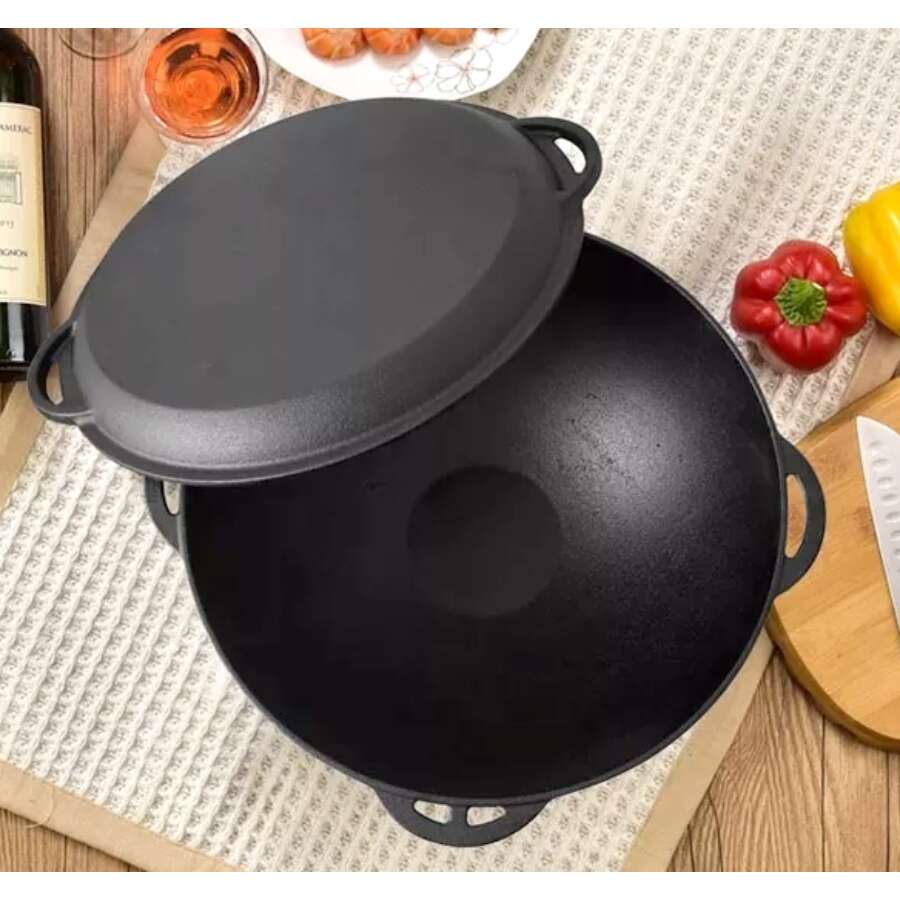 Öntöttvas wok edény, fedővel, 3 az 1-ben, 32x14 cm, Perfect Home