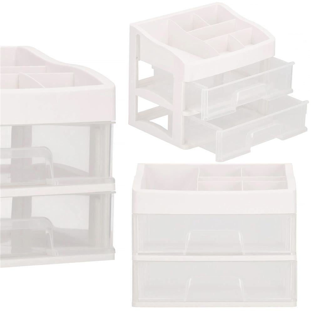 Organizator cosmetice, plastic, 3 niveluri, 2 sertare, alb, 30x25x34 cm, Springos