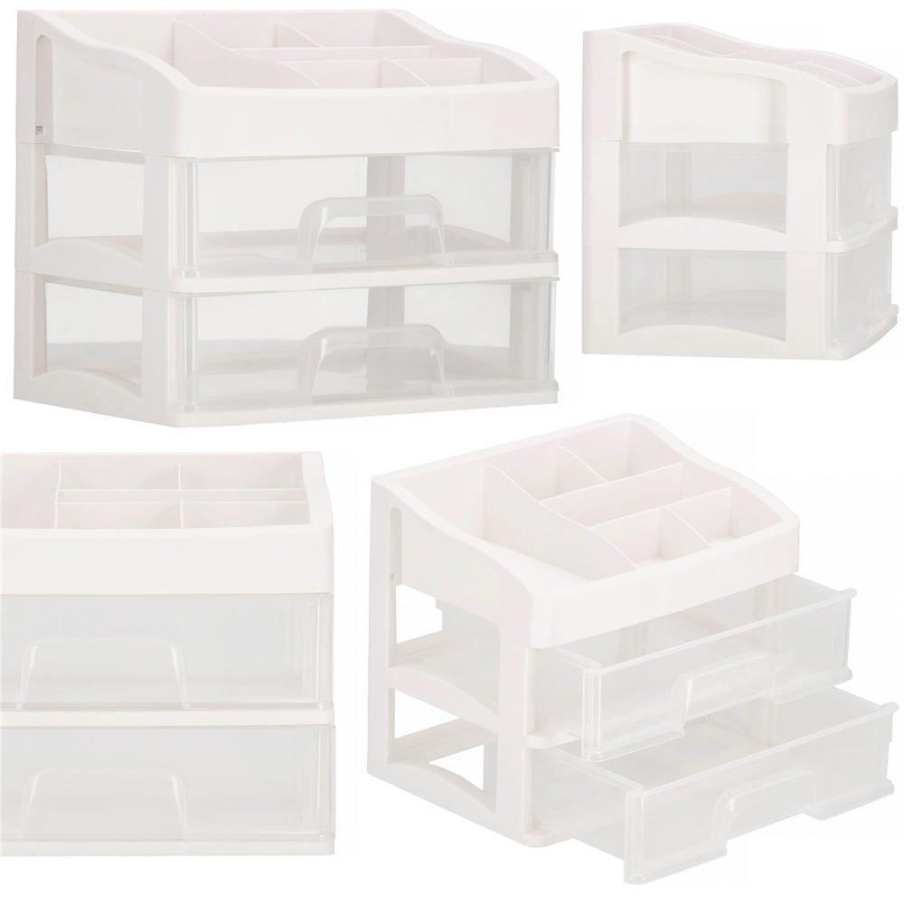 Organizator cosmetice, plastic, 3 niveluri, 2 sertare, alb, 30x25x34 cm, Springos