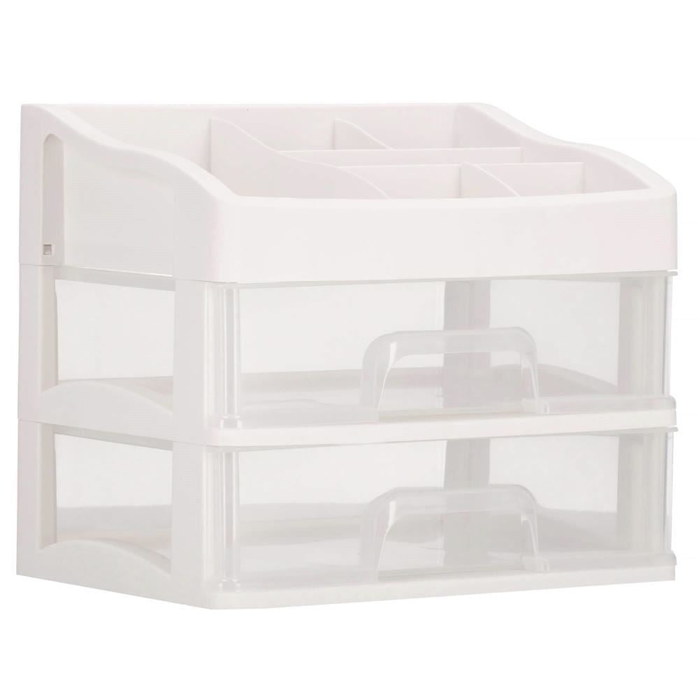 Organizator cosmetice, plastic, 3 niveluri, 2 sertare, alb, 30x25x34 cm, Springos