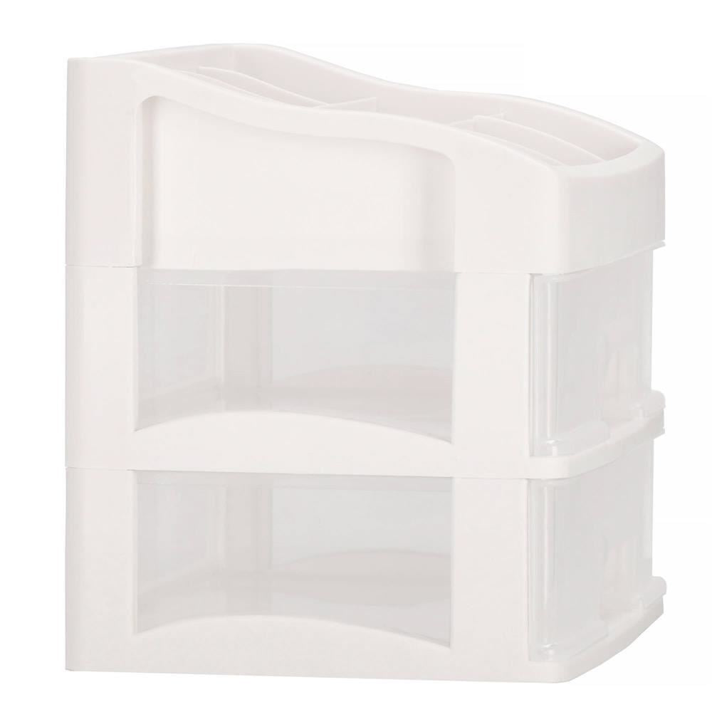 Organizator cosmetice, plastic, 3 niveluri, 2 sertare, alb, 30x25x34 cm, Springos