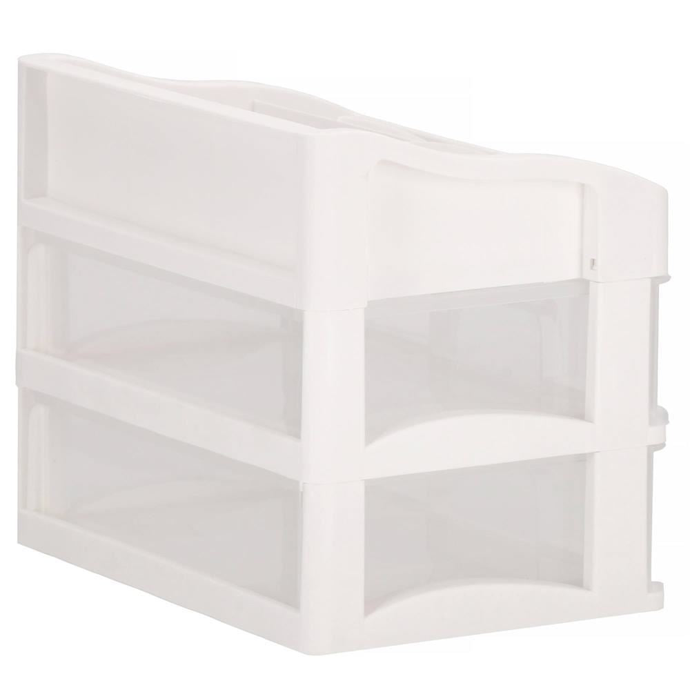 Organizator cosmetice, plastic, 3 niveluri, 2 sertare, alb, 30x25x34 cm, Springos