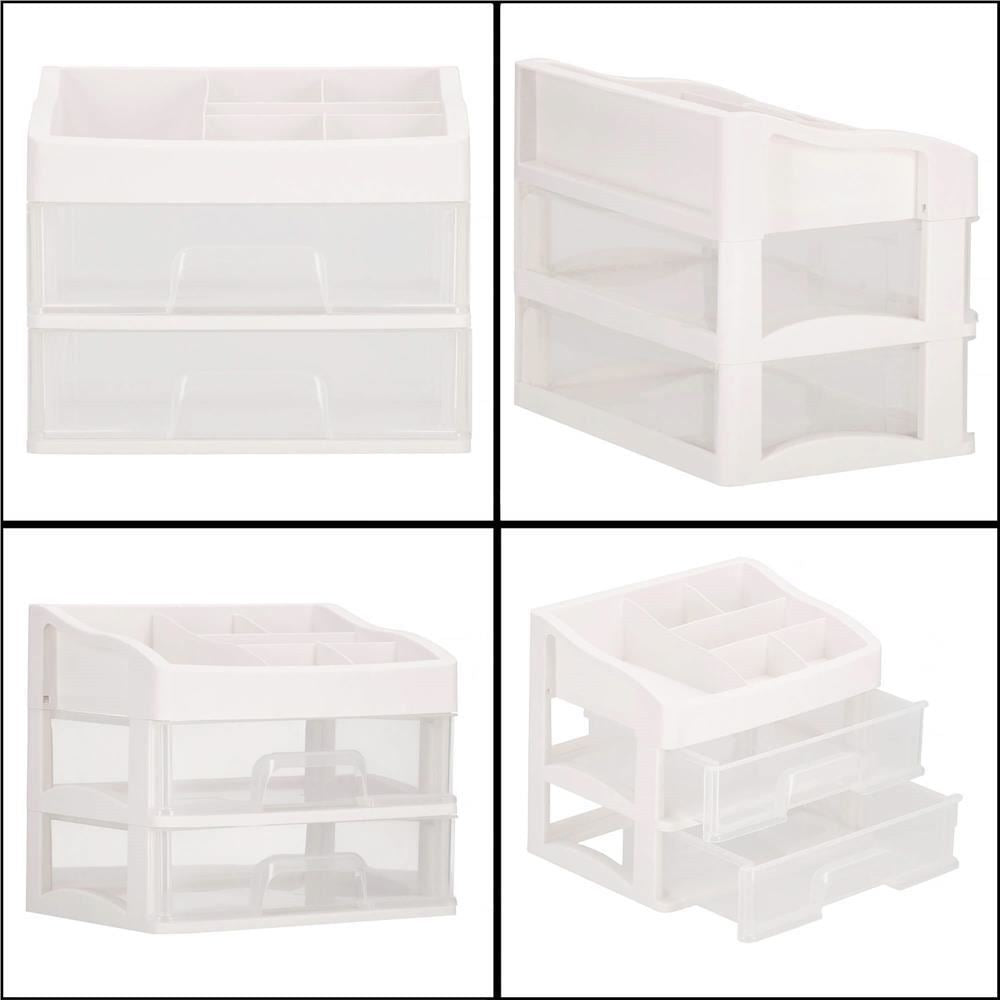 Organizator cosmetice, plastic, 3 niveluri, 2 sertare, alb, 30x25x34 cm, Springos