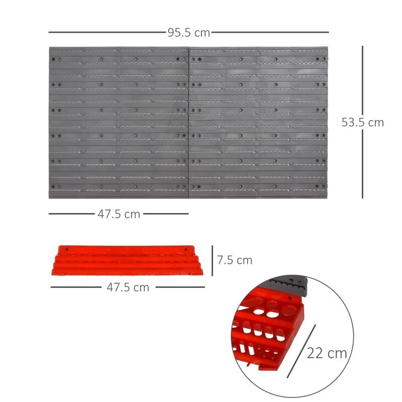 Szerszámos panel, PP, 2 modul, 2 tartópolc, 50 kampó, szürke és piros, max. 30 kg, 95,5x53,5 cm