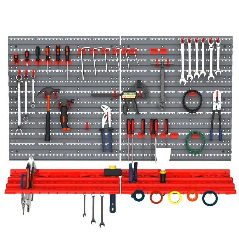 Szerszámos panel, PP, 2 modul, 2 tartópolc, 50 kampó, szürke és piros, max. 30 kg, 95,5x53,5 cm
