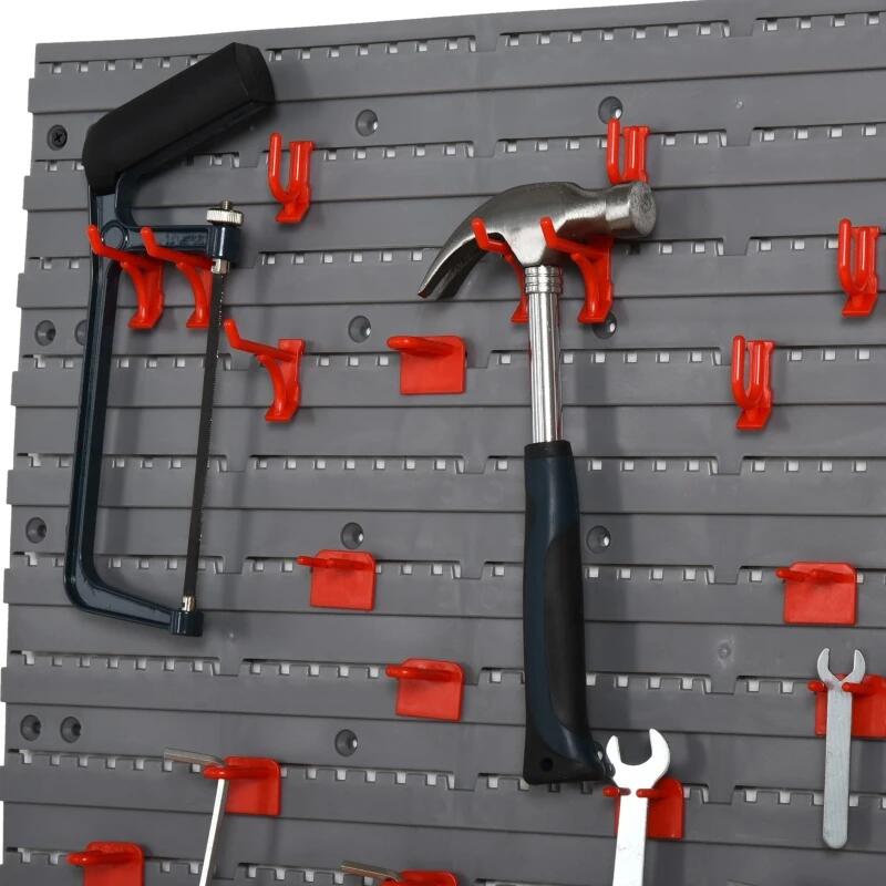 Szerszámos panel, PP, 2 modul, 2 tartópolc, 50 kampó, szürke és piros, max. 30 kg, 95,5x53,5 cm