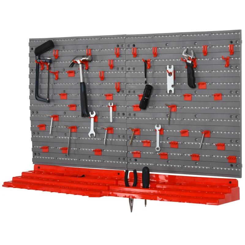 Szerszámos panel, PP, 2 modul, 2 tartópolc, 50 kampó, szürke és piros, max. 30 kg, 95,5x53,5 cm