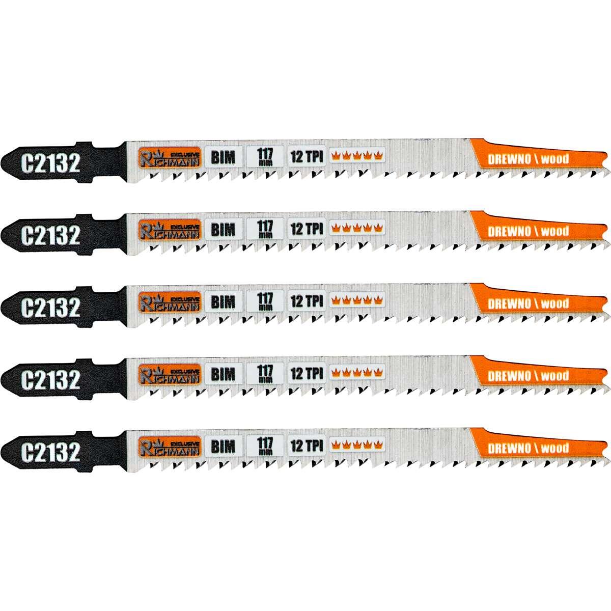 Penge, szúrófűrészlap, fához, BIM, T-típusú szorító, szuper precíz vágás, 12 fogaspont/hüvely, 5 darabos készlet, 117 mm, Richmann Exclusive