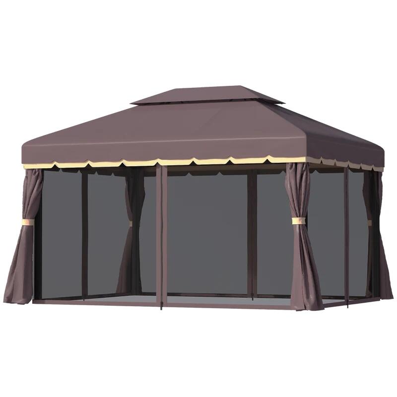 Pavilion/foisor pentru gradina/terasa, cadru aluminiu, cu plasa pentru insecte, cafeniu, 3.90x2.90x2.80 m