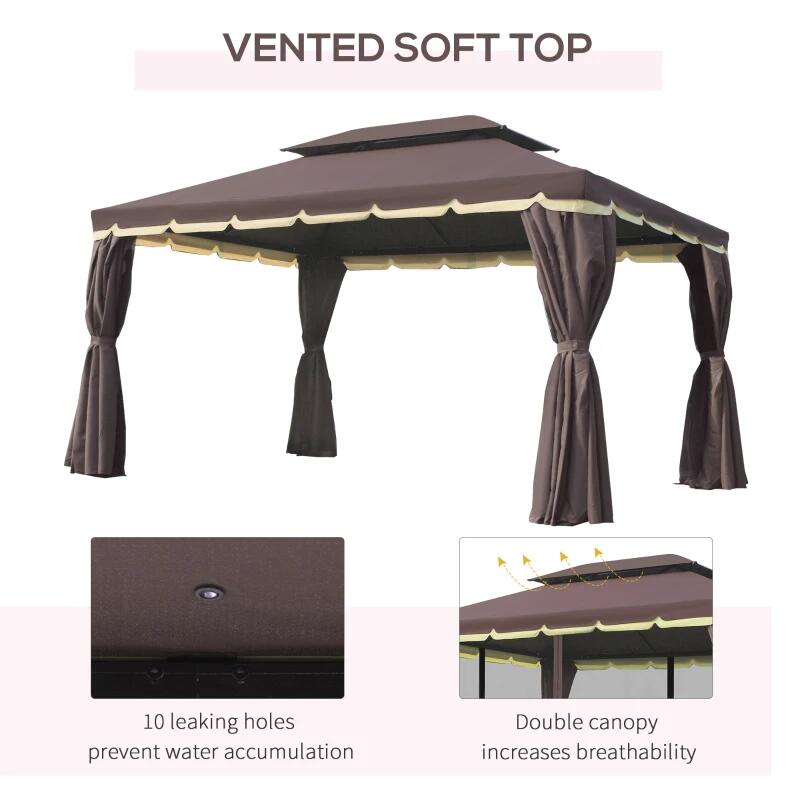 Pavilion/foisor pentru gradina/terasa, cadru aluminiu, cu plasa pentru insecte, cafeniu, 3.90x2.90x2.80 m