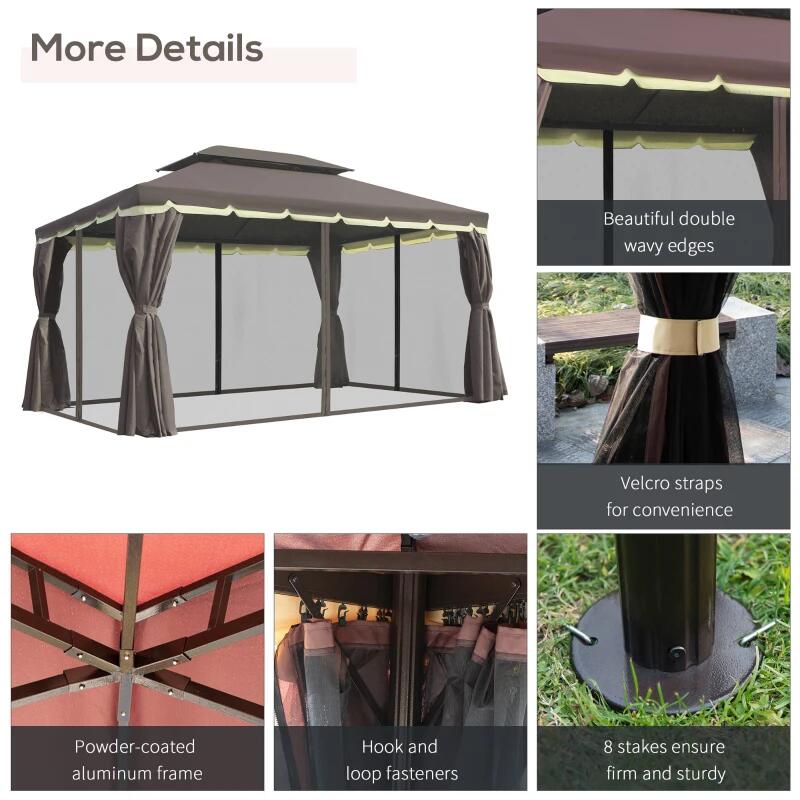 Pavilion/foisor pentru gradina/terasa, cadru aluminiu, cu plasa pentru insecte, cafeniu, 3.90x2.90x2.80 m