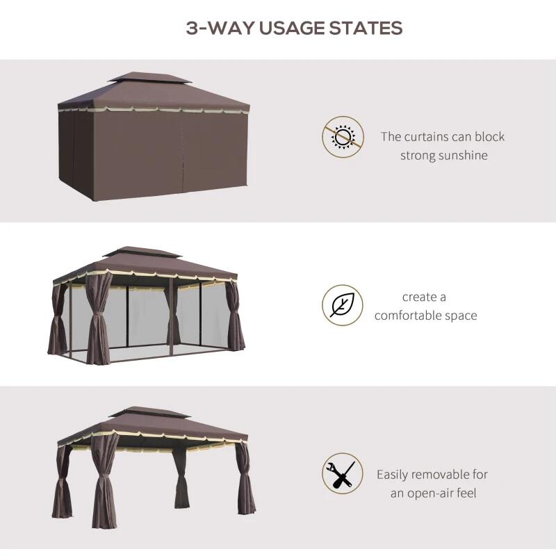 Pavilion/foisor pentru gradina/terasa, cadru aluminiu, cu plasa pentru insecte, cafeniu, 3.90x2.90x2.80 m
