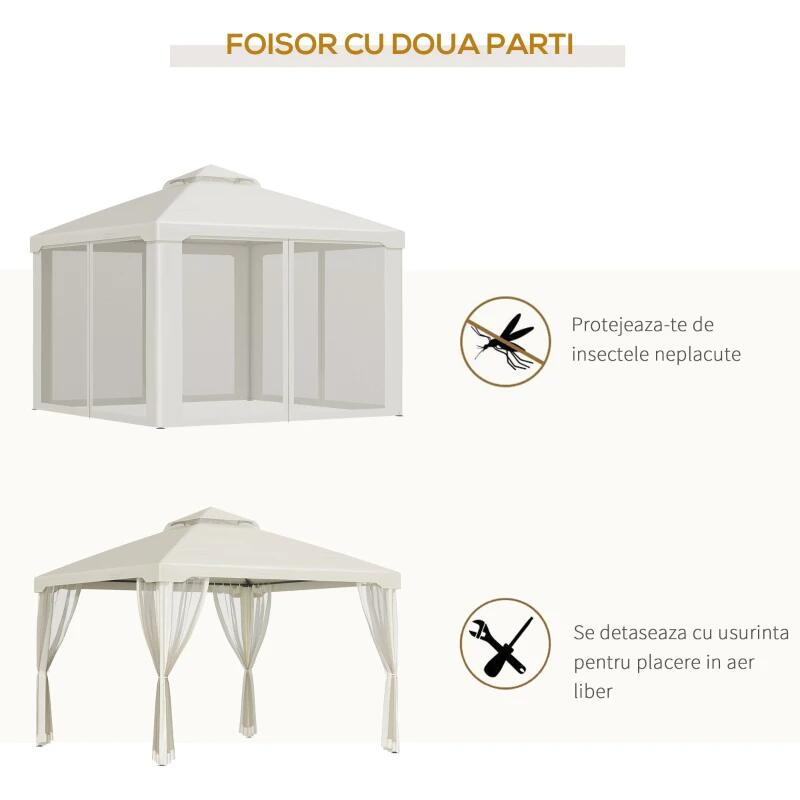 Pavilion/foisor pentru gradina/terasa, cadru metalic, cu perdele, bej, 2.95x2.95x2.63 m