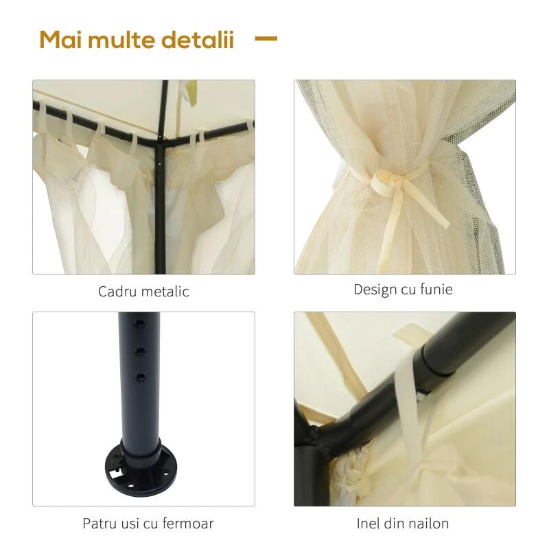 Pavilion/foisor pentru gradina/terasa, cadru metalic, cu perdele, bej, 2.95x2.95x2.63 m