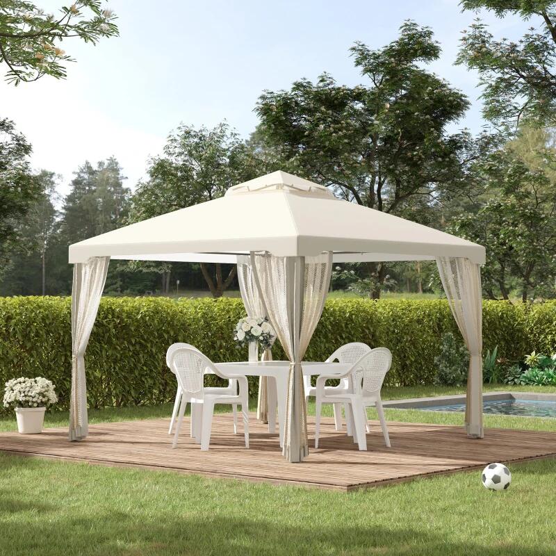 Pavilion/foisor pentru gradina/terasa, cadru metalic, cu perdele, bej, 2.95x2.95x2.63 m