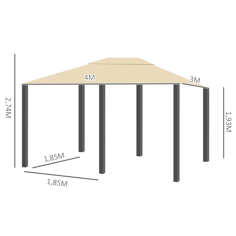 Pavilion/foisor pentru gradina/terasa, cadru metalic, cu perdele, bej, 4x3x2.64 m