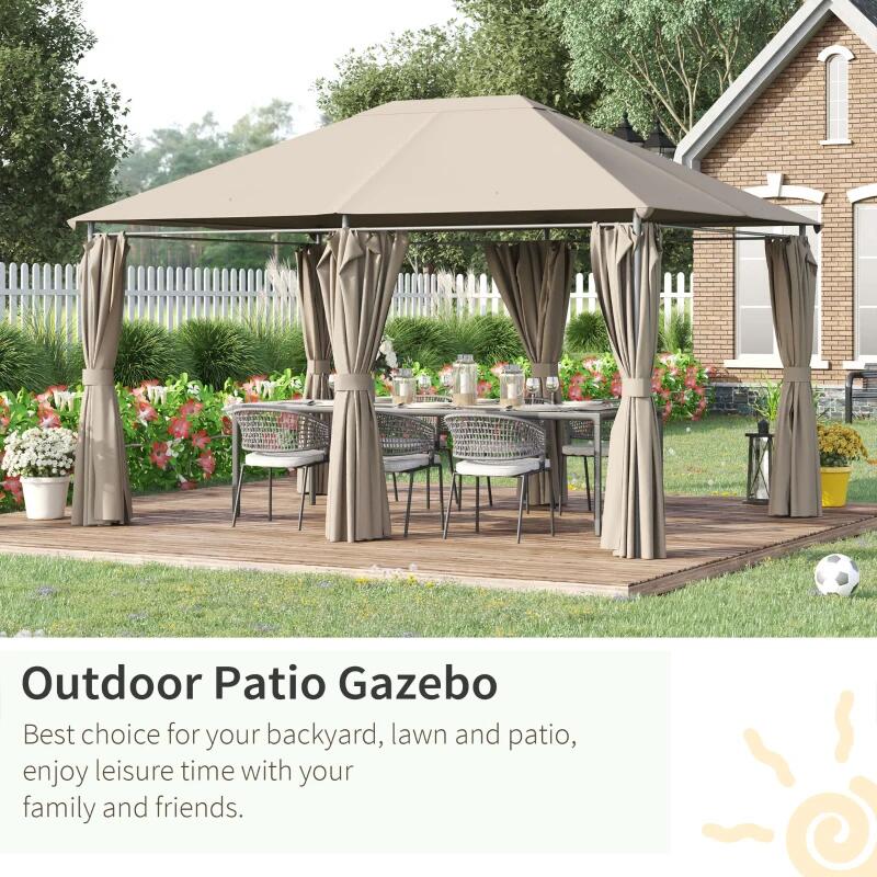 Pavilion/foisor pentru gradina/terasa, cadru metalic, cu perdele, bej, 4x3x2.64 m