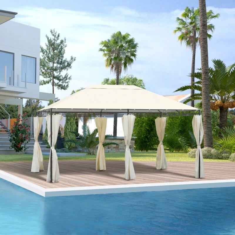 Pavilion/foisor pentru gradina/terasa, cadru metalic, cu perdele, crem, 4x3x2.55 m