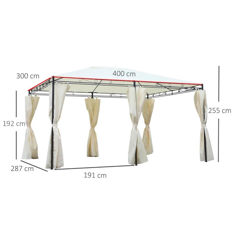 Pavilion/foisor pentru gradina/terasa, cadru metalic, cu perdele, crem, 4x3x2.55 m