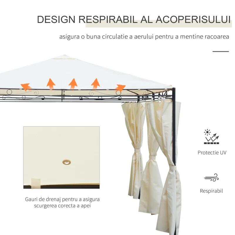 Pavilion/foisor pentru gradina/terasa, cadru metalic, cu perdele, crem, 4x3x2.55 m