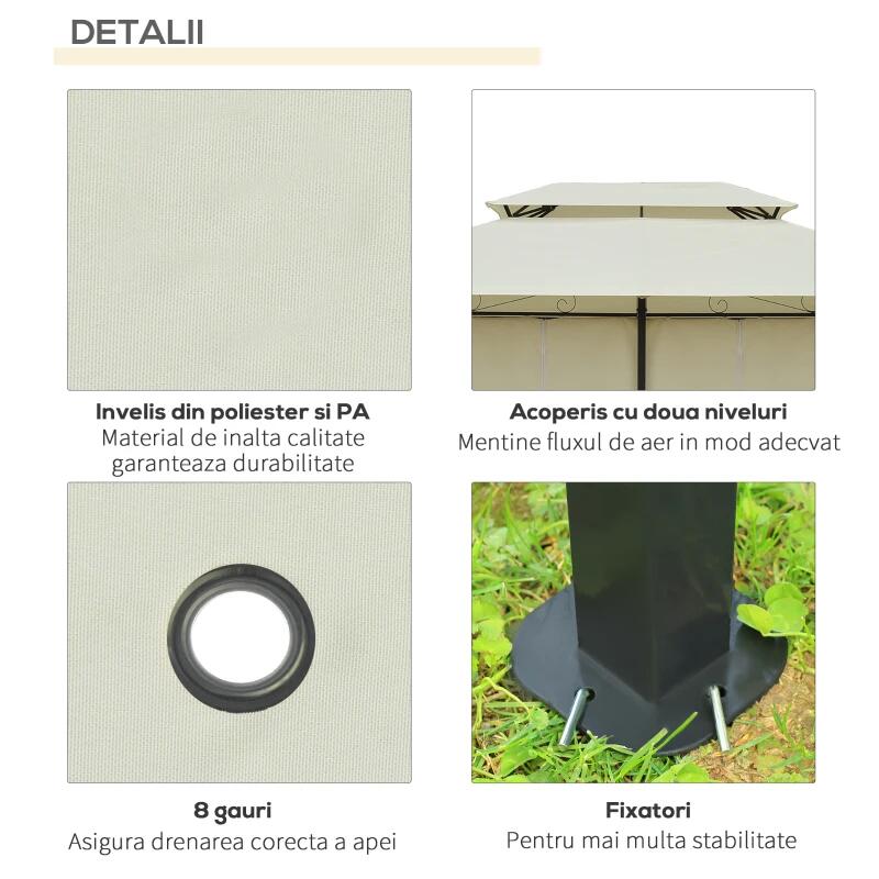 Pavilion/foisor pentru gradina/terasa, cadru metalic, cu perdele, crem, 4x3x2.65 m