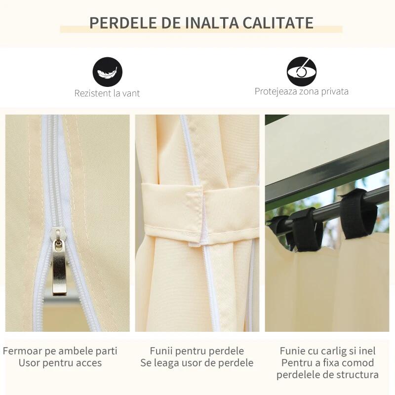 Pavilion/foisor pentru gradina/terasa, cadru metalic, cu perdele, crem, 4x3x2.65 m