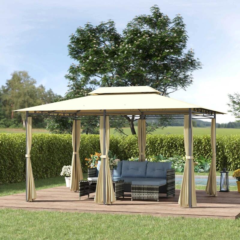 Pavilion/foisor pentru gradina/terasa, cadru metalic, cu perdele, crem, 4x3x2.65 m