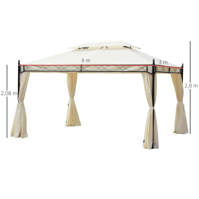 Pavilion/foisor pentru gradina/terasa, cadru metalic, cu perdele, crem, 4x3x2.80 m
