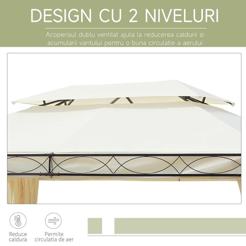 Pavilion/foisor pentru gradina/terasa, cadru metalic, cu perdele, crem, 4x3x2.80 m