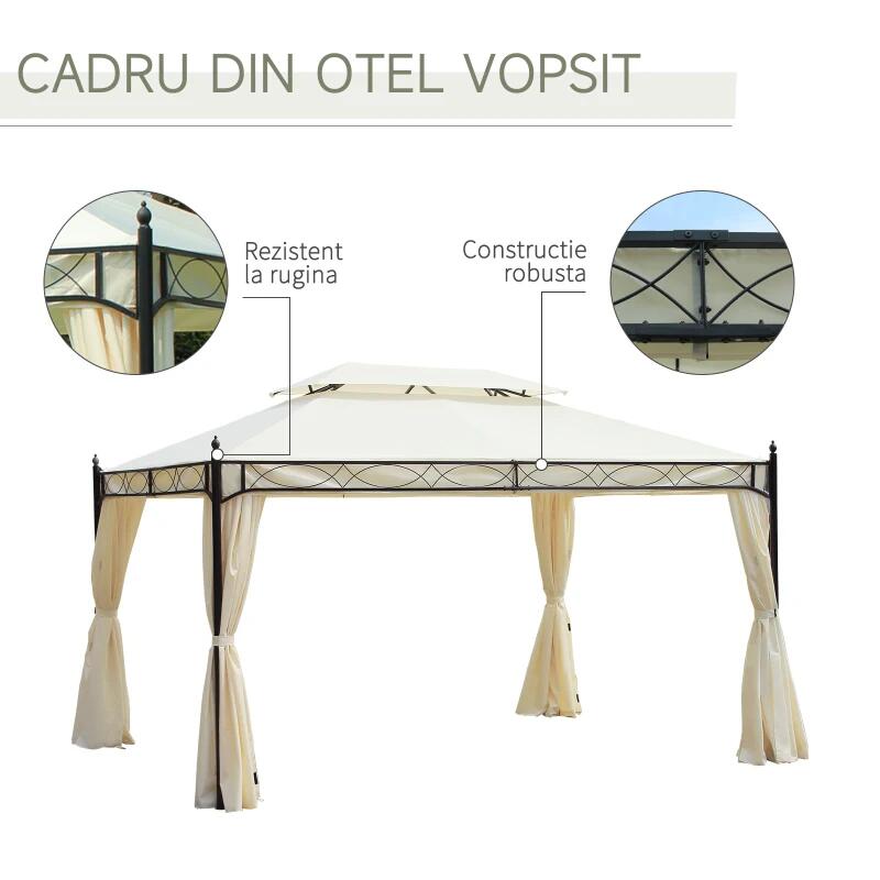 Pavilion/foisor pentru gradina/terasa, cadru metalic, cu perdele, crem, 4x3x2.80 m