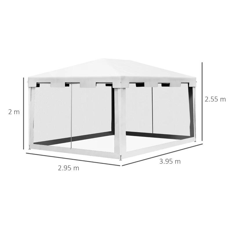 Pavilion/foisor pentru gradina/terasa, cadru metalic, cu plasa de tantari, alb si negru, 3.95x2.95x2.55 m
