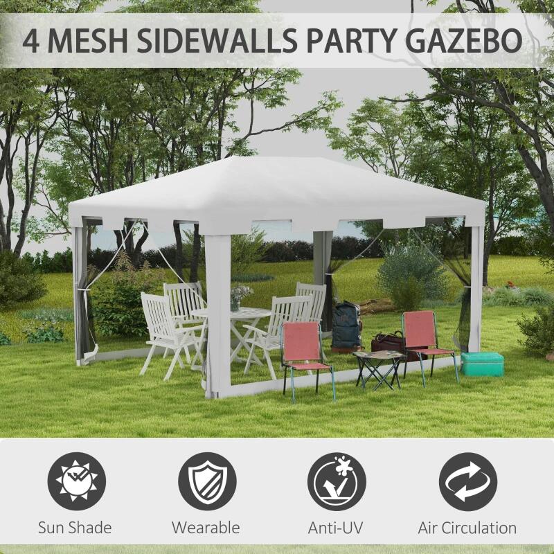 Pavilion/foisor pentru gradina/terasa, cadru metalic, cu plasa de tantari, alb si negru, 3.95x2.95x2.55 m