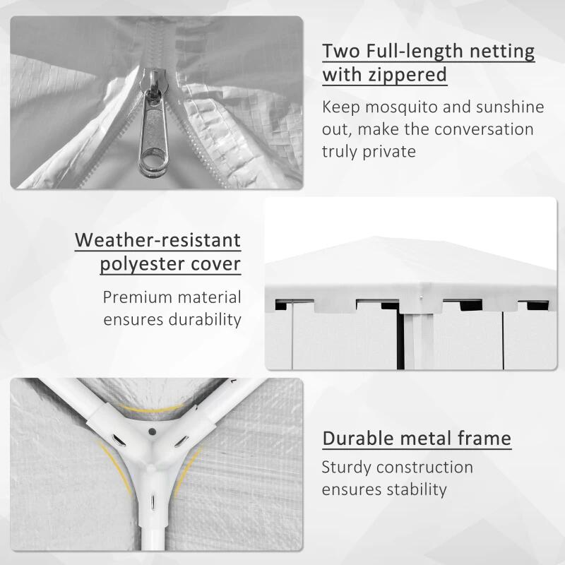Pavilion/foisor pentru gradina/terasa, cadru metalic, cu plasa de tantari, alb si negru, 3.95x2.95x2.55 m