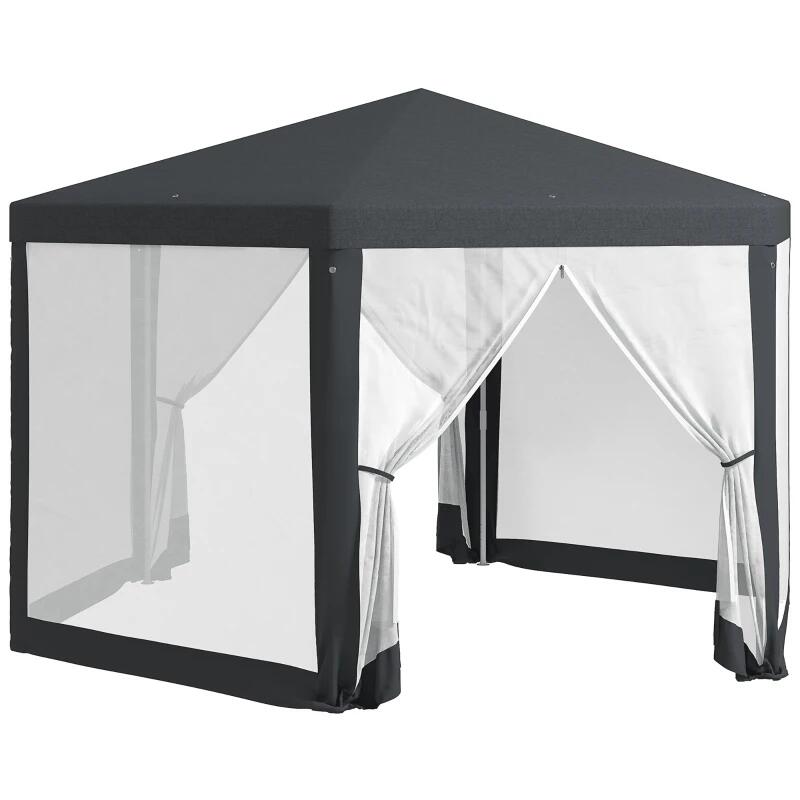Pavilion/foisor pentru gradina/terasa, cadru metalic, cu plasa de tantari, gri inchis, 3.94x3.94x2.5 m