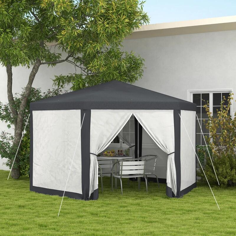 Pavilion/foisor pentru gradina/terasa, cadru metalic, cu plasa de tantari, gri inchis, 3.94x3.94x2.5 m