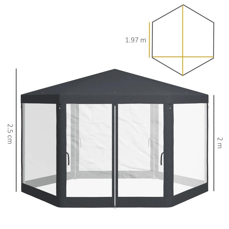 Pavilion/foisor pentru gradina/terasa, cadru metalic, cu plasa de tantari, gri inchis, 3.94x3.94x2.5 m