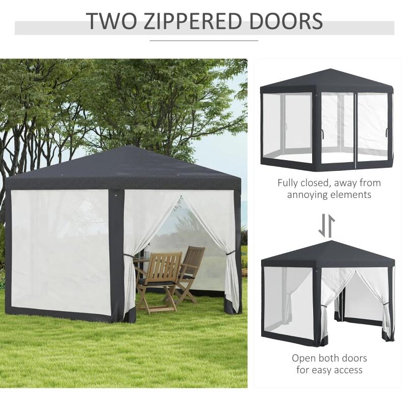Pavilion/foisor pentru gradina/terasa, cadru metalic, cu plasa de tantari, gri inchis, 3.94x3.94x2.5 m