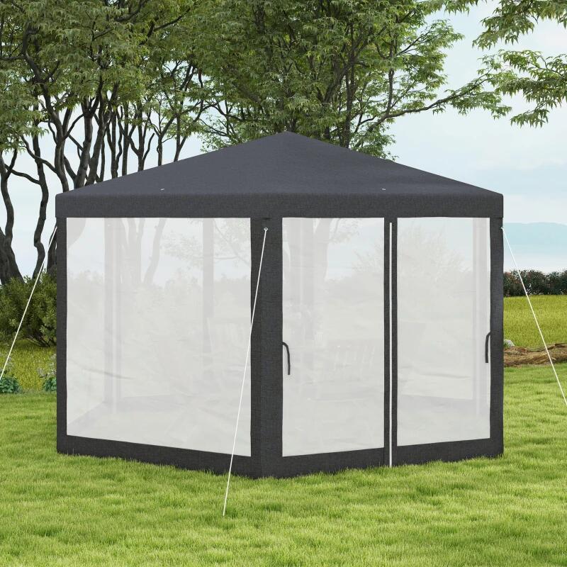 Pavilion/foisor pentru gradina/terasa, cadru metalic, cu plasa de tantari, gri inchis, 3.94x3.94x2.5 m