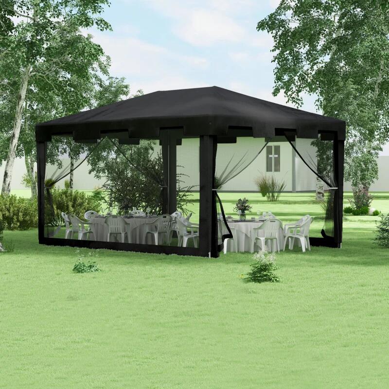 Pavilion/foisor pentru gradina/terasa, cadru metalic, cu plasa de tantari, gri inchis, 3.95x2.95x2.55 m
