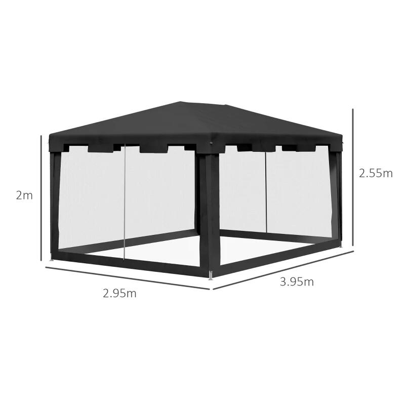 Pavilion/foisor pentru gradina/terasa, cadru metalic, cu plasa de tantari, gri inchis, 3.95x2.95x2.55 m