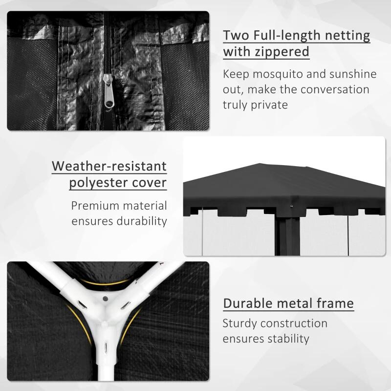 Pavilion/foisor pentru gradina/terasa, cadru metalic, cu plasa de tantari, gri inchis, 3.95x2.95x2.55 m